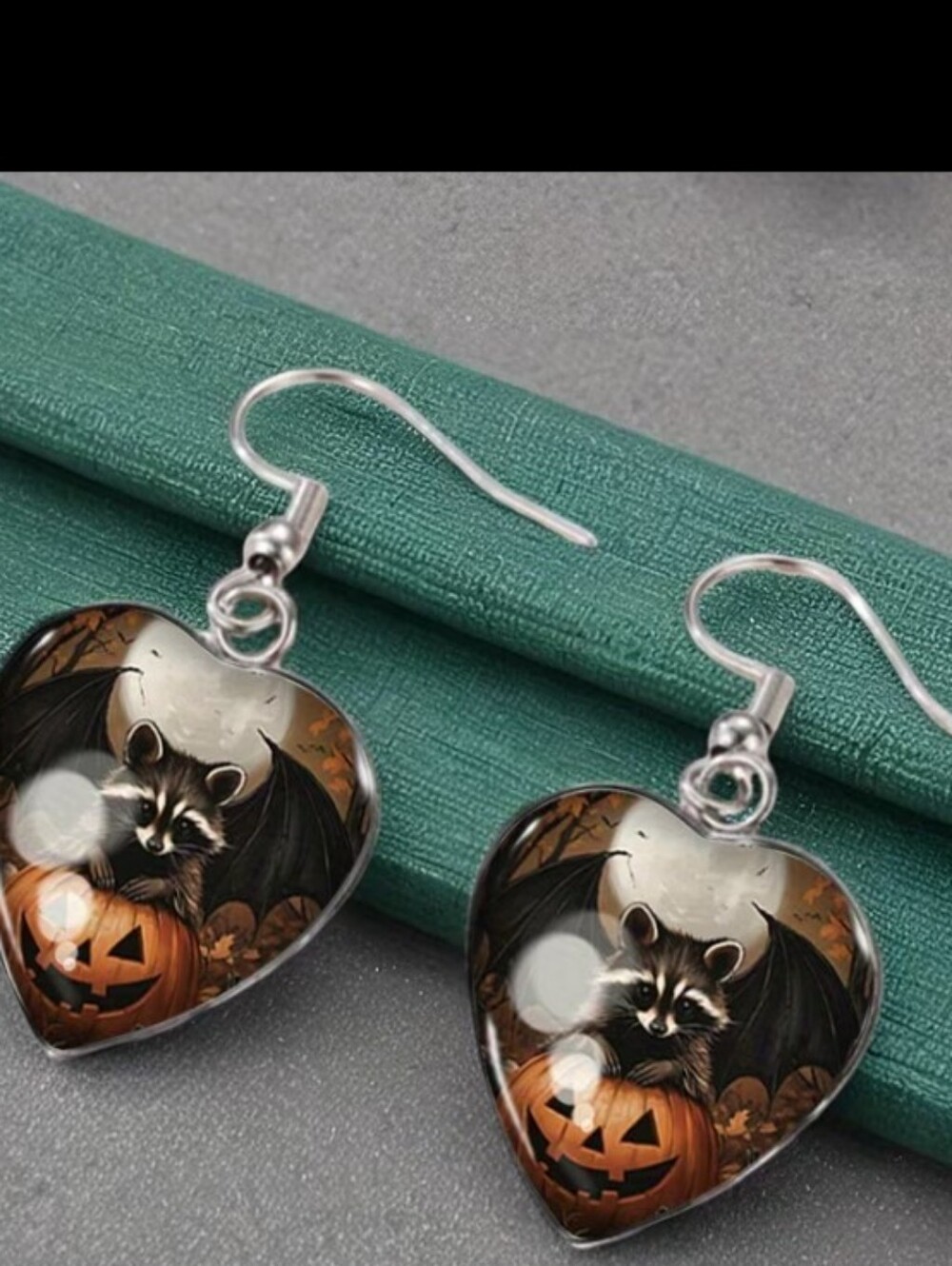 Halloween Raccoon & Jack-O'-Lantern Heart Dangle Earrings - Black & Orange
